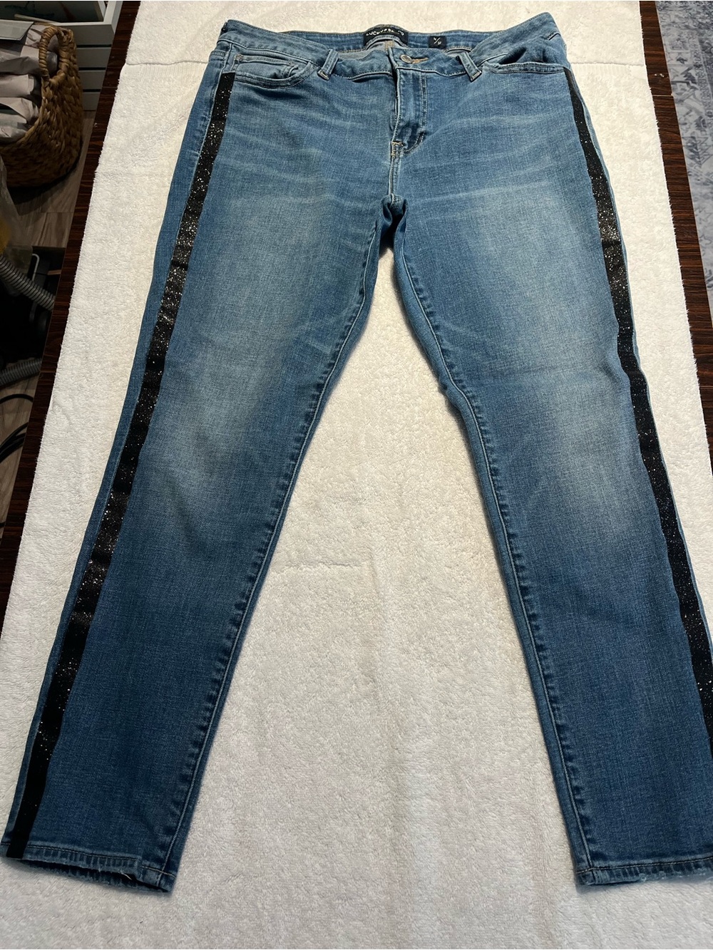 Lucky Brand Blue Jeans with Black Glitter Side Stripe - Size 14/32